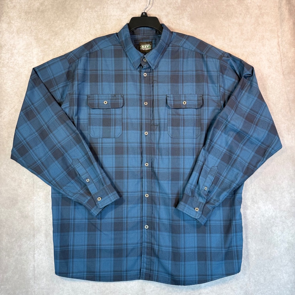 KEY Button Down Shirt Mens 3XLT Blue Plaid Long Sleeve Utility Workwear Pocket